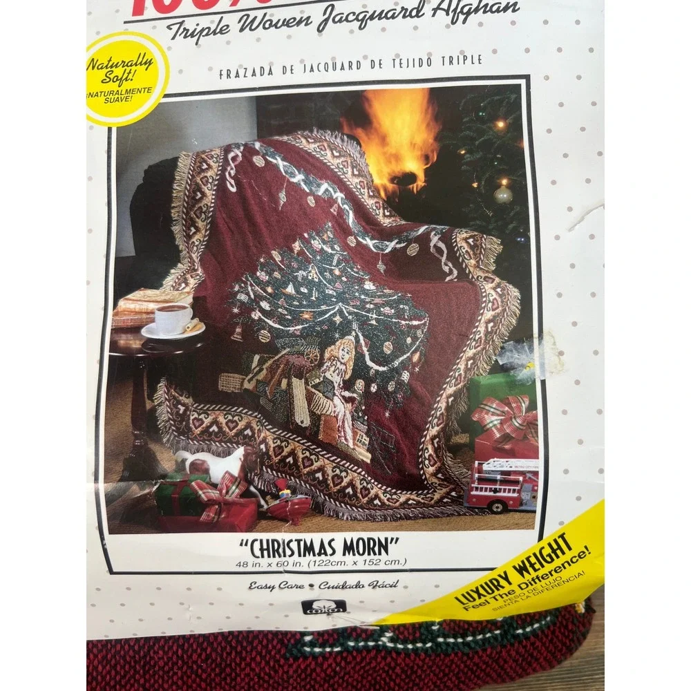 Vintage Christmas Morn Triple Woven Jacquard Throw Blanket 100% Cotton USA